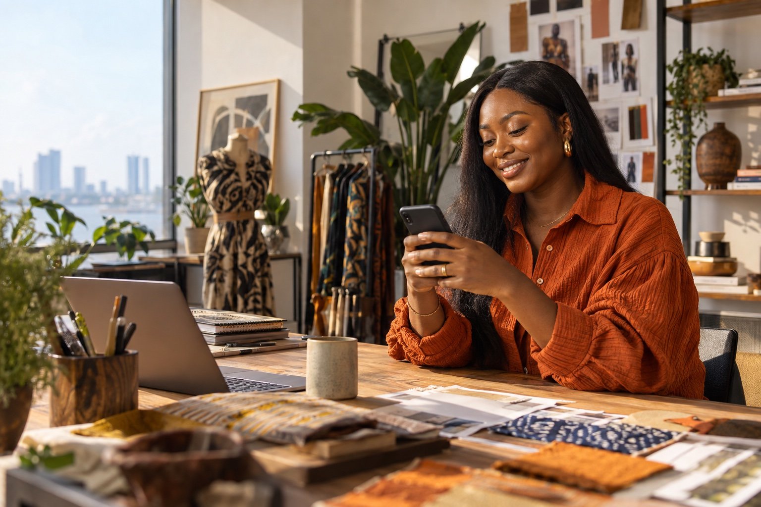 A creative entrepreneur checking her phone in a sunlit studio